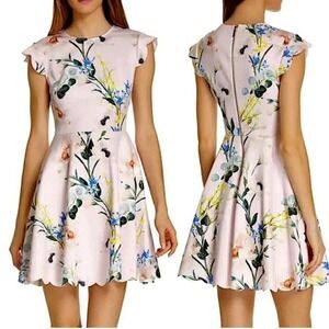 Ted Baker Karsali Floral Scalloped Hem Dress mini cottage wedding guest pink